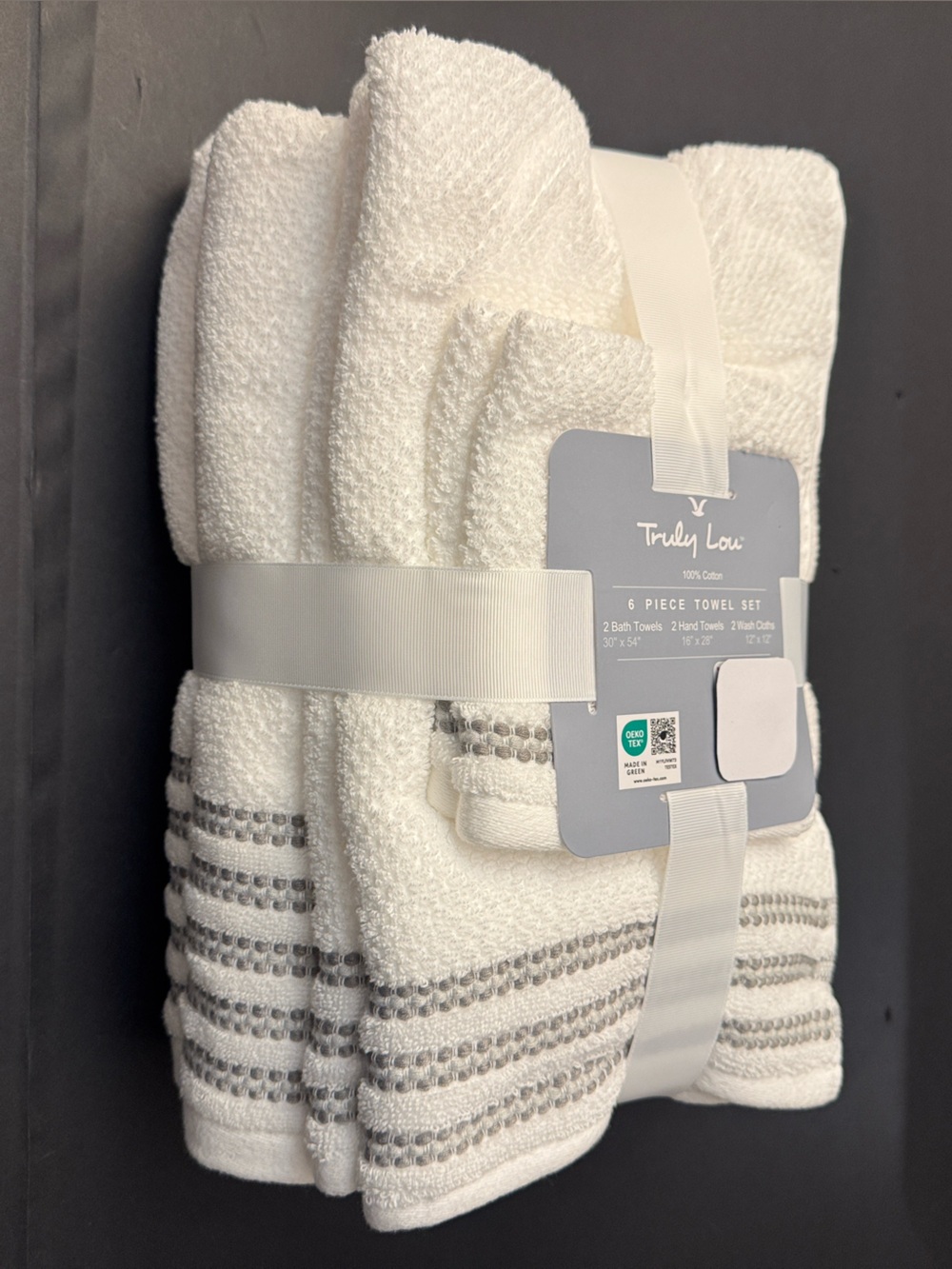 6pc TRULY LOU 100% Cotton Bath Towel Set - Bundle - White/Gray